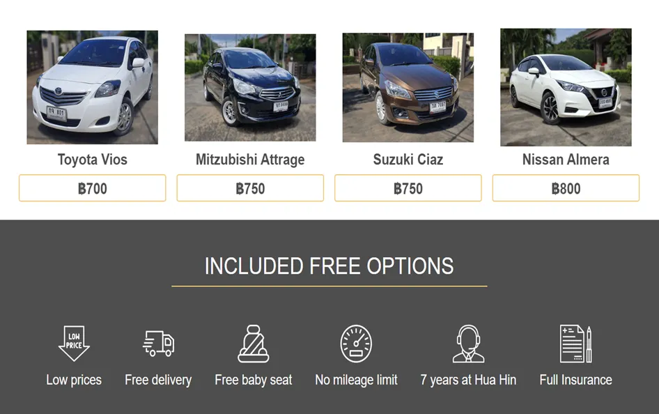 A selection of available cars for rent at Hua Hin Cars’ website