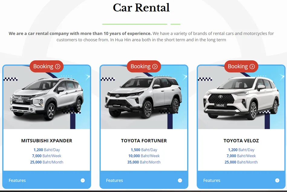 The selection of available vehicles for rent at Huahin Car Service’s website