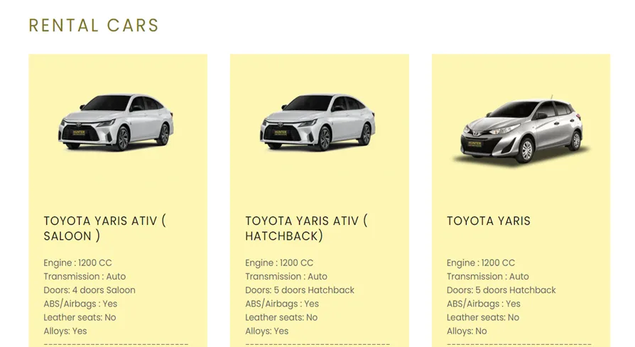 The selection of sedan vehicles for rent at Hunter Car Hire Hua Hin’s website