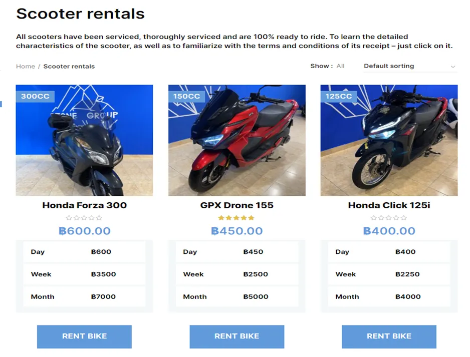 A selection of scooter bikes are available for rent at Stone Service’s website