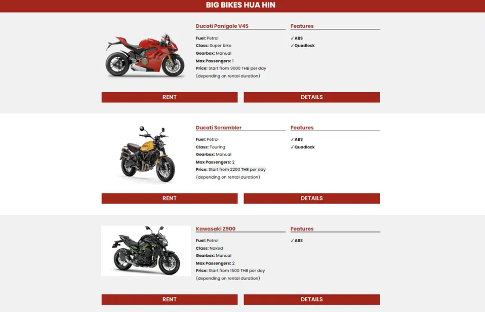 A selection of available big bikes at Super Bikes - Big Bikes Rental’s website