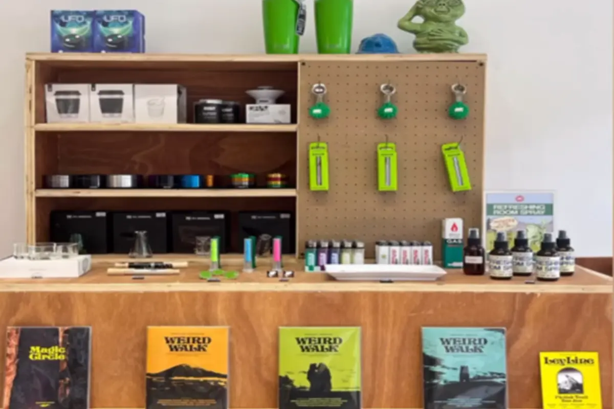 A showcase of various cannabis products and accessories available at People of the Sun Cannabis Dispensary in Chiang Mai