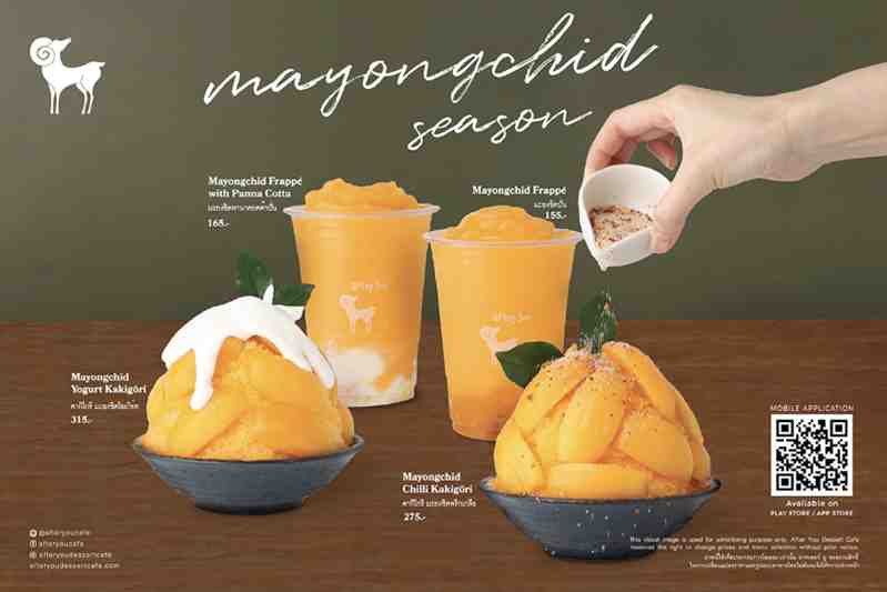 A selection of various Mayongchid-based drinks and desserts served at After You Dessert Cafe in Bangkok