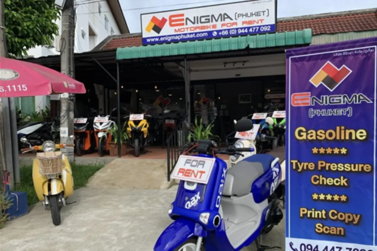 The exterior view of Enigma Phuket Motorbike Rental’s office, showcasing various motor bikes for rent