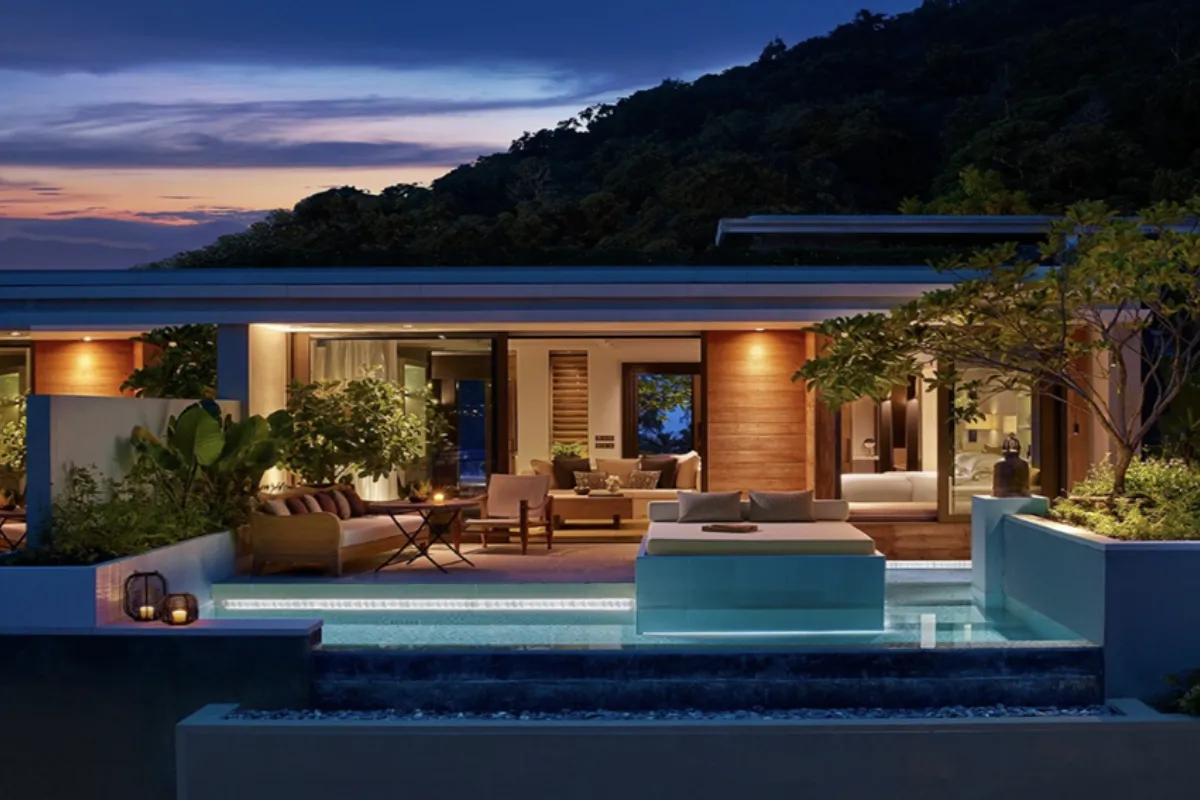 A night view of the private villa and pool area of Rosewood Villa in Phuket