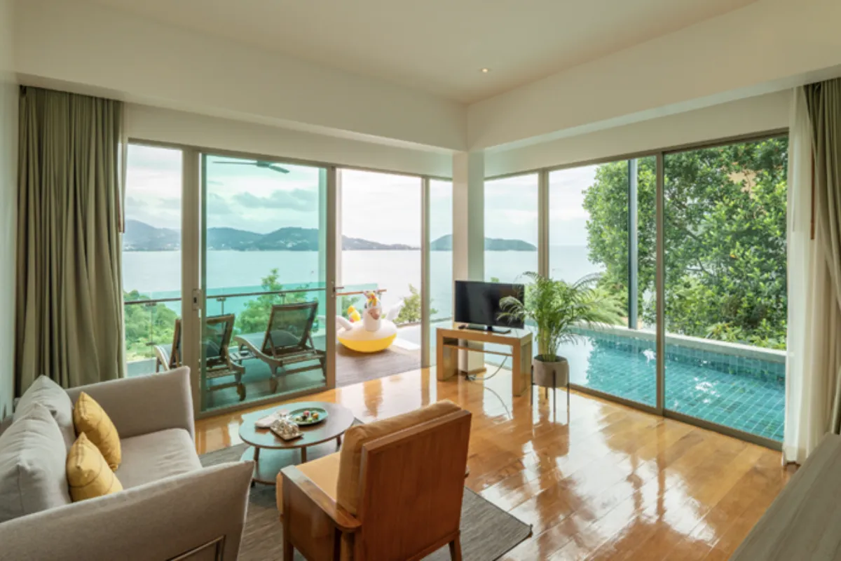 A view inside the private villa with pool at Wyndham Grand Phuket Kalim Bay in Phuket