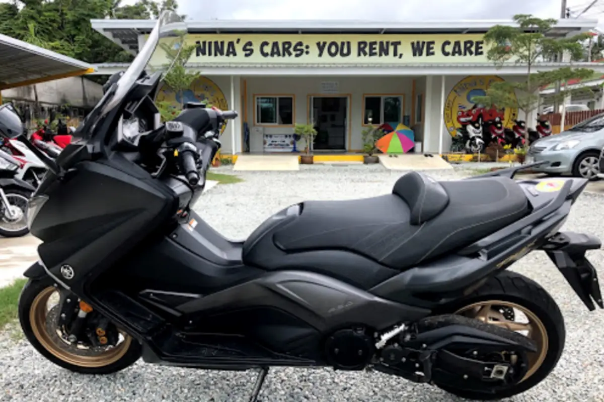 A fancy black motorbike is available for rent at the Nina’s Car Rental in Phuket