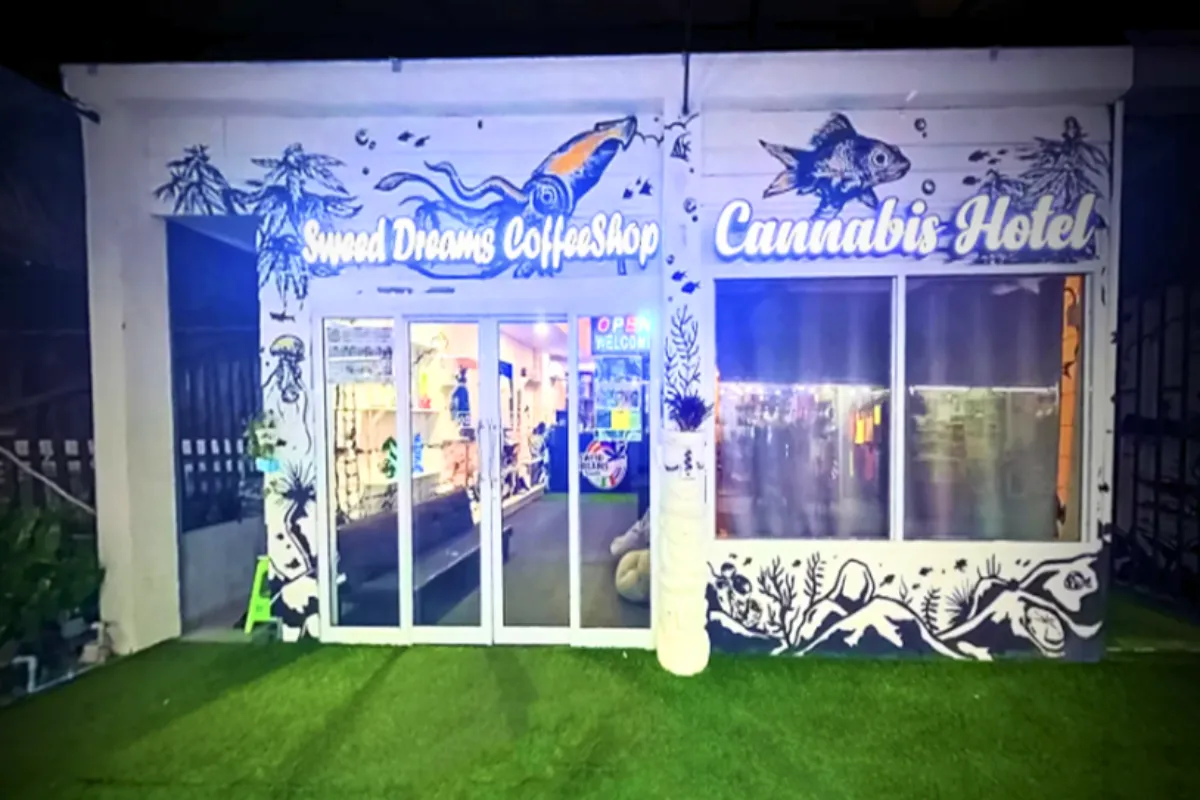 The storefront entrance of Sweed Dreams Coffee Shop and Cannabis Hotel in Koh Lipe